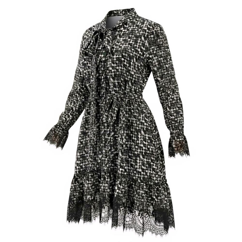 Gold Hawk Silk Houndstooth Green Gray White Tie Neck Lace Trim Belted Dress S